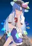  1girl absurdres anima_miko bangs blue_hair boulder crossed_legs eyebrows_visible_through_hair eyes_visible_through_hair feet_out_of_frame food fruit hair_over_eyes hand_on_own_cheek hand_on_own_face hat highres hinanawi_tenshi light_smile long_hair looking_at_viewer peach red_eyes sitting solo touhou very_long_hair 