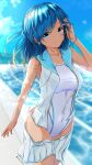  1girl aigami_shion bare_arms blue_eyes blue_hair blue_sailor_collar blue_sky blurry blurry_background breasts closed_mouth clothes_pull collarbone commentary_request competition_swimsuit covered_navel day earrings garter-velvet hand_in_hair highres jewelry large_breasts lens_flare long_hair looking_at_viewer one-piece_swimsuit open_clothes open_shirt original outdoors pleated_skirt pool poolside sailor_collar school_uniform serafuku shirt skirt skirt_pull sky sleeveless sleeveless_shirt smile swimsuit tan tanlines twitter_username white_shirt white_skirt white_swimsuit 