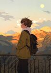  1boy backpack bag black_bag breath brown_hair clouds coat commentary_request feet grass highres hood hood_down keishin long_sleeves original outdoors short_hair sky solo twilight yellow_coat 