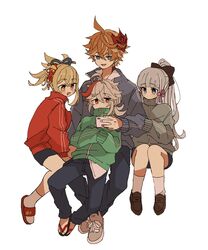  2boys 2girls alternate_costume bangs blonde_hair blue_eyes blue_jacket blunt_bangs blush bow cellphone earrings eyebrows_visible_through_hair genshin_impact green_jacket grey_jacket hair_between_eyes hair_bow hair_ornament hair_ribbon highres invisible_chair iwashi_(iwashi008) jacket jewelry kaedehara_kazuha kamisato_ayaka kneehighs long_hair long_sleeves mask mask_on_head multicolored_hair multiple_boys multiple_girls open_mouth orange_hair pants phone ponytail red_jacket redhead ribbon shorts sidelocks silver_hair simple_background single_earring sitting smartphone streaked_hair tartaglia_(genshin_impact) track_jacket tress_ribbon white_background white_legwear yellow_eyes yoimiya_(genshin_impact) 