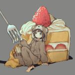  animal_costume asymmetrical_hair barefoot bear_costume blush brown_eyes brown_hair cake cake_slice cherry closed_mouth cream food fork fruit grey_background hair_ornament hairclip highres iwakura_lain long_sleeves looking_to_the_side looking_up minigirl on_floor rnfhv serial_experiments_lain simple_background single_sidelock sitting x_hair_ornament 