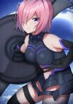  1girl absurdres armor armored_leotard bare_shoulders black_armor black_leotard blue_sky breastplate clothing_cutout clouds commentary_request detached_sleeves elbow_gloves eyebrows_visible_through_hair fallstreak_hole fate/grand_order fate_(series) gloves hair_over_one_eye highres holding holding_shield holding_weapon izzu leotard light_purple_hair looking_at_viewer mash_kyrielight one_eye_covered parted_lips pixiv_fate/grand_order_contest_1 serious shield short_hair sky solo teeth thigh-highs thighs violet_eyes weapon 