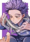  1boy artist_name bandages blue_pants blue_shirt boku_no_hero_academia cat close-up closed_mouth forehead frown hand_up kadeart long_sleeves male_focus pants purple_hair shinsou_hitoshi shirt short_hair solo spiky_hair squatting symbol-only_commentary tabby_cat two-tone_background violet_eyes 