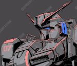  artist_name blue_eyes dated english_commentary grey_background gundam gundam_sentinel gundamyatham gyoubu_ippei_(style) highres looking_up mecha mobile_suit parody portrait solo spot_color style_parody watermark zeta_plus 