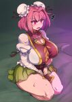  1girl amputee bandaged_arm bandages breasts bun_cover chinese_clothes cuffs double_bun enajii flower highres ibaraki_kasen large_breasts pink_eyes pink_flower pink_hair pink_rose rose shackles solo tabard thick_thighs thighs touhou 