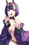  1girl absurdres bangs bare_shoulders bob_cut breasts collarbone eyeliner fate/grand_order fate_(series) headpiece herigaru_(fvgyvr000) highres horns japanese_clothes kimono long_sleeves looking_at_viewer makeup oni oni_horns open_mouth purple_hair purple_kimono revealing_clothes short_hair shuten_douji_(fate) skin-covered_horns small_breasts solo violet_eyes wide_sleeves 