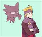  1boy bangs blonde_hair brown_sweater closed_mouth commentary_request crossed_arms green_background hair_between_eyes haunter jaho long_sleeves lowres male_focus morty_(pokemon) pokemon pokemon_(creature) pokemon_(game) pokemon_hgss purple_headband purple_scarf scarf short_hair simple_background sweater upper_body 