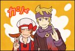  1boy 1girl bangs blonde_hair blush bow brown_hair brown_sweater cabbie_hat closed_eyes closed_mouth commentary_request eyelashes hand_up hat hat_bow jaho long_hair long_sleeves lyra_(pokemon) medium_hair morty_(pokemon) pokemon pokemon_(game) pokemon_hgss purple_headband purple_scarf red_bow red_shirt ribbed_sweater scarf shirt smile sweater twintails v violet_eyes white_headwear 