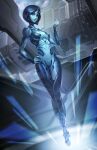  1girl artist_name blue_eyes blue_hair blue_lips blue_skin clenched_hand closed_mouth clouds colored_skin cortana feet floating full_body glowing halo_(series) hand_on_hip hand_up hologram imdrunkontea indoors light_smile science_fiction short_hair solo 