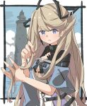  1girl arknights bangs blush brown_hair commentary eyebrows_visible_through_hair hair_ornament indigo_(arknights) infection_monitor_(arknights) long_hair motsupu parted_lips pointy_ears solo violet_eyes 