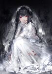 1girl biting black_background black_hair blood blood_on_face blood_on_hands bridal_veil commentary_request dress finger_biting highres long_hair long_sleeves looking_at_viewer nanaponi original red_eyes solo squatting tearing_up tears veil wedding_dress white_dress 