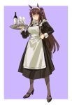  1girl absurdres alternate_costume animal_ears apron bandaid bandaid_on_nose bottle brown_hair cup drinking_glass enmaided frilled_apron frills high_heels high_ponytail highres holding holding_tray horse_ears horse_girl horse_tail long_hair long_sleeves maid maid_apron maid_headdress mouth_hold narita_brian_(umamusume) neck_ribbon pantyhose purple_background ribbon ruukii_drift sketch solo stalk_in_mouth tail tray umamusume unamused wine_bottle wine_glass 