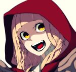  1girl blonde_hair brown_gloves camui_kamui face gloves hood looking_at_viewer open_mouth red_hood red_riding_hood_(sinoalice) shaded_face shirt sinoalice teeth tongue white_background white_shirt yellow_eyes 