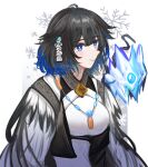  1girl arknights bangs black_hair blue_eyes blue_hair blue_sealad breasts commentary dress eyebrows_visible_through_hair jewelry kjera_(arknights) looking_at_viewer medium_breasts multicolored_hair necklace short_hair smile solo upper_body white_dress 