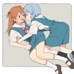  2girls ayanami_rei blue_eyes blue_hair blush coldcat. eye_contact grey_background highres looking_at_another multiple_girls neon_genesis_evangelion open_mouth orange_hair school_uniform short_hair simple_background souryuu_asuka_langley two-tone_background white_background yuri 