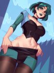  1girl aqua_eyes aqua_hair aqua_lips artist_name black_choker black_hair black_legwear blue_sky breasts choker clothes_pull clouds cowboy_shot gwen_(total_drama) highres large_breasts long_sleeves looking_at_viewer midriff multicolored_hair navel pantyhose parted_lips pencil_skirt qt0ri short_hair skirt skirt_pull sky smile solo total_drama tree two-tone_hair 