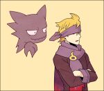  1boy bangs blonde_hair brown_sweater commentary_request covered_eyes haunter headband_pull jaho long_sleeves lowres male_focus morty_(pokemon) parted_lips pokemon pokemon_(creature) pokemon_(game) pokemon_hgss purple_scarf scarf short_hair simple_background sweater upper_body yellow_background 