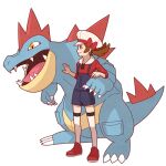  1girl blue_overalls bow brown_eyes brown_hair cabbie_hat closed_mouth commentary_request feraligatr from_side hat hat_bow jaho long_hair lowres lyra_(pokemon) overalls pokemon pokemon_(creature) pokemon_(game) pokemon_hgss red_bow red_footwear red_shirt shirt shoes smile standing thigh-highs twintails white_headwear white_legwear 
