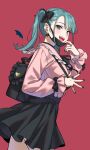 1girl :d akatsuki_(4941086) bag barbell_piercing black_bow black_mask black_nails black_skirt blue_eyes blue_hair bow choker detached_wings ear_piercing fangs hair_bow hand_up handbag hatsune_miku heart_ring highres industrial_piercing jewelry long_sleeves looking_at_viewer mask mask_pull medium_hair mini_wings mouth_mask multiple_rings nail_polish neck_ribbon open_mouth piercing pink_background pink_shirt ribbon ring shirt short_twintails sidelocks simple_background skirt smile solo teeth twintails upper_teeth vampire vampire_(vocaloid) vocaloid wings 