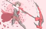  1girl absurdres bare_shoulders belt belt_buckle breasts brown_belt brown_hair buckle cape crescent_moon crescent_rose elbow_gloves gloves grey_eyes highres looking_at_viewer medium_breasts messy_hair moon older pantyhose petals pink_background red_cape red_skirt rose_petals ruby_rose rwby scythe short_hair skirt solo thigh-highs thigh_strap thighhighs_over_pantyhose torn_cape torn_clothes tsukimizake 