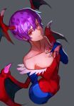  1girl bare_shoulders collarbone covered_navel cropped_torso demon_girl flat_chest grey_background hair_between_eyes hand_up head_wings lilith_aensland looking_at_viewer nasubin_(user_tjyp5584) parted_lips purple_hair red_eyes red_wings shadow short_hair simple_background smile solo vampire_(game) wings 