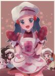  3girls :d alcremie apron black_hair blush buttons commentary_request cosplay dawn_(pokemon)_(cosplay) dress english_text eyelashes food frills fruit grey_headwear hair_ornament hairclip hat head_tilt highres hikari_(pokemon) hilda_(pokemon) long_hair looking_at_viewer misha_(ohds101) mittens mixing_bowl multiple_girls official_alternate_costume open_mouth pokemon pokemon_(creature) pokemon_(game) pokemon_bw pokemon_masters_ex pokemon_xy red_dress red_mittens serena_(pokemon) smile strawberry tongue whimsicott whisk 