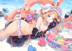  1girl abigail_williams_(fate) abigail_williams_(swimsuit_foreigner)_(fate) age_fx bangs bare_shoulders bikini blonde_hair blue_eyes blush bonnet bow breasts fate/grand_order fate_(series) forehead hair_bow highres long_hair looking_at_viewer miniskirt navel parted_bangs sidelocks skirt small_breasts swimsuit thighs twintails very_long_hair white_bikini white_bow white_headwear 