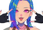  1girl bangs black_gloves blue_hair blue_nails braid cloud_tattoo collarbone fingerless_gloves gloves grey_background hands_up jinx_(league_of_legends) league_of_legends long_hair looking_at_viewer mettyon pink_eyes pink_hair pink_nails shiny shiny_hair simple_background smile solo tongue tongue_out twin_braids twitter_username 