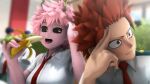 1boy 2girls 3d :| arm_up banana black_sclera blurry blurry_background blush boku_no_hero_academia breasts cafeteria closed_mouth colored_sclera colored_skin commentary english_commentary epaulettes food fruit greatm8 hagakure_tooru hand_on_own_head hand_rest hands_up highres holding holding_food holding_fruit horns indoors invisible looking_at_another looking_away medium_breasts multiple_girls open_mouth pink_hair pink_skin plant raised_eyebrow red_eyes school_uniform shirt short_hair sleeves_rolled_up source_filmmaker_(medium) spiky_hair sweat tongue tongue_out u.a._school_uniform v-shaped_eyebrows white_shirt window wing_collar yellow_eyes 