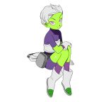  1girl ankle_boots arm_at_side arm_support armor bodysuit boots breasts cheelai closed_mouth colored_skin dragon_ball dragon_ball_super dragon_ball_super_broly fanny_pack full_body gloves green_skin grey_hair gun hand_on_own_knee handgun knees_together_feet_apart lado_(rado) light_smile looking_at_viewer looking_up medium_breasts pink_eyes pistol purple_bodysuit purple_legwear shiny shiny_skin short_hair simple_background solo tsurime very_short_hair weapon white_background white_footwear white_gloves 