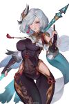 1girl absurdres artist_name breasts brown_gloves covered_navel covered_nipples genshin_impact gloves grey_eyes highres hip_vent holding holding_polearm holding_weapon large_breasts long_hair looking_at_viewer partially_fingerless_gloves polearm sayanestia shenhe_(genshin_impact) silver_hair simple_background solo standing thigh_gap weapon white_background
