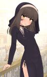  1girl bangs black_dress blush breasts brown_hair catholic christianity closed_mouth cross cross_necklace dress eyebrows_visible_through_hair highres jewelry long_sleeves looking_at_viewer medium_breasts medium_hair nakta necklace nun original solo thigh-highs yellow_eyes 