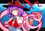  1girl bangs black_headwear blue_background bow capelet closed_mouth collared_shirt drill eyebrows_visible_through_hair frills hat hat_bow long_sleeves looking_at_viewer nagae_iku pink_capelet purple_hair qqqrinkappp red_bow red_eyes shirt short_hair smile solo touhou traditional_media upper_body white_shirt 