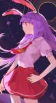  1girl absurdres animal_ears bangs carrot_pin closed_mouth daedalu from_side hand_on_hip highres long_hair necktie purple_hair rabbit_ears red_eyes red_nails red_necktie red_skirt reisen_udongein_inaba shirt short_sleeves skirt solo touhou white_shirt 