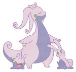  :d black_eyes closed_eyes closed_mouth commentary_request evolutionary_line eyelashes goodra goomy green_eyes jaho lowres open_mouth pokemon sliggoo smile standing toes tongue white_background 
