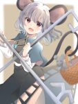  1girl animal_ears bangs basket blue_capelet blurry blurry_background blush breasts brown_background capelet commentary_request cowboy_shot crystal dowsing_rod grey_hair grey_skirt grey_vest highres holding holding_with_tail jewelry layered_clothing long_sleeves looking_at_viewer mouse mouse_ears mouse_girl mouse_tail nazrin open_mouth pendant ponta_(wwtaimeww) prehensile_tail red_eyes shirt short_hair skirt skirt_set small_breasts smile solo tail touhou two-tone_background vest white_background white_shirt 