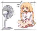  1girl bangs barefoot blonde_hair blush brown_eyes clothes_writing crossed_legs electric_fan futaba_anzu hair_between_eyes hot idolmaster idolmaster_cinderella_girls korean_commentary long_hair low_twintails mg_pong shirt short_sleeves shorts simple_background sitting solo squiggle striped striped_shorts sweat t-shirt twintails white_background you_work_you_lose 