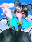  1girl animal_ears bangs blue_capelet blue_sky blush capelet clouds collared_capelet commentary_request cowboy_shot crystal dowsing_rod dress eyebrows_visible_through_hair grey_dress grey_hair gyokuro_(maposo140203) highres holding jewelry layered_clothing long_sleeves mouse_ears mouse_girl mouse_tail nazrin parted_lips pendant red_eyes shirt short_hair sky sleeveless sleeveless_dress solo tail touhou white_shirt 