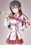  1girl alternate_costume anti_(untea9) black_hair blush cowboy_shot eyebrows_visible_through_hair gradient gradient_background green_eyes grey_background hair_between_eyes hair_ornament hairclip highres holding holding_sword holding_weapon jacket kantai_collection katana long_hair long_sleeves neckerchief open_mouth oyashio_(kancolle) red_skirt school_uniform sheath sheathed skirt solo sword weapon white_jacket 