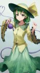  1girl absurdres blouse closed_mouth commentary english_commentary eyeball green_background green_eyes green_hair green_headwear green_skirt highres komeiji_koishi long_sleeves looking_at_viewer mac_star medium_hair skirt smile solo third_eye touhou yellow_blouse 