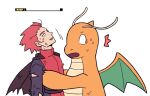  1boy ^^^ brown_cape cape commentary_request dragonite fainted health_bar holding jacket jaho lance_(pokemon) lowres male_focus open_mouth panicking pokemon pokemon_(game) pokemon_frlg redhead short_hair smile spiky_hair sweat torn_cape torn_clothes torn_jacket 