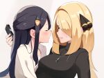  2girls black_sweater blonde_hair blue_hair blush breasts brown_eyes cellphone closed_eyes closed_mouth commentary_request cynthia_(pokemon) fingernails from_side hair_ornament hair_over_one_eye highres hikari_(pokemon) holding holding_phone imminent_kiss jewelry long_hair looking_at_another medium_breasts multiple_girls necklace open_mouth phone pokemon pokemon_(game) pokemon_dppt profile shirt simple_background smartphone sweater turtleneck turtleneck_sweater uni_mmtab upper_body white_background white_shirt yuri 
