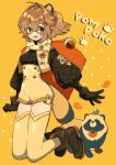  1girl animal black_footwear black_gloves boots brown_eyes brown_hair glasses gloves hair_ornament highres keishin leaf leaf_on_head long_sleeves open_mouth original puffy_long_sleeves puffy_sleeves shadow simple_background smile solo tanuki thigh-highs yellow_background yellow_legwear 