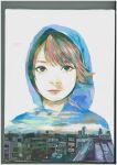  1girl absurdres bangs brown_hair city cityscape expressionless highres hood hood_up hoodie junjunforever looking_to_the_side multicolored_hair original sky solo swept_bangs traditional_media 