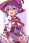  1girl bangs blush bow breasts brown_eyes dress elbow_gloves eyebrows_visible_through_hair frilled_dress frills gloves hair_between_eyes hair_flaps hat heart highres idolmaster idolmaster_cinderella_girls koshimizu_sachiko mg_pong open_mouth puffy_short_sleeves puffy_sleeves purple_hair short_hair short_sleeves simple_background small_breasts solo symbol-shaped_pupils two-tone_background white_gloves witch_hat 