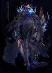  1boy armor black_cloak blue_fire cloak fate/grand_order fate_(series) fire glowing glowing_eyes highres holding holding_weapon horns king_hassan_(fate) mask open_mouth shield skull skull_mask snakeping spikes sword torn_cloak torn_clothes weapon 