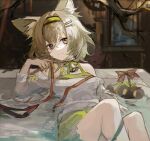  1girl animal_ear_fluff animal_ears arknights bangs bare_shoulders beanstalk_(arknights) beanstalk_(gift_uncompleted)_(arknights) bell breasts brown_eyes brown_hair closed_mouth commentary_request feet_out_of_frame green_hairband green_skirt hair_between_eyes hair_ornament hairband hairclip hand_up highres indoors knees_up long_sleeves looking_at_viewer partially_submerged qianzhu shirt skirt small_breasts smile solo water white_shirt 