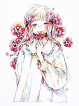 1girl absurdres anemone_(flower) bangs blunt_bangs dress flower hatching_(texture) highres holding holding_flower long_sleeves looking_at_viewer original red_flower signature simple_background smile solo tears tmari traditional_media white_background white_dress 