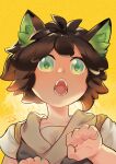  1boy animal_ear_fluff animal_ears black_hair cat_boy cat_ears child green_eyes hands_up highres jpdjs-js luoxiaohei open_mouth short_hair short_sleeves solo the_legend_of_luo_xiaohei yellow_background 
