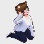  arm_on_knee arm_up brown_hair brushing_another&amp;#039;s_hair buns cute excited eyes glasses happy high_tops jeans jumper multicolored_eyes on_knees playing_with_own_hair raccoon_ears shoes sitting socks 